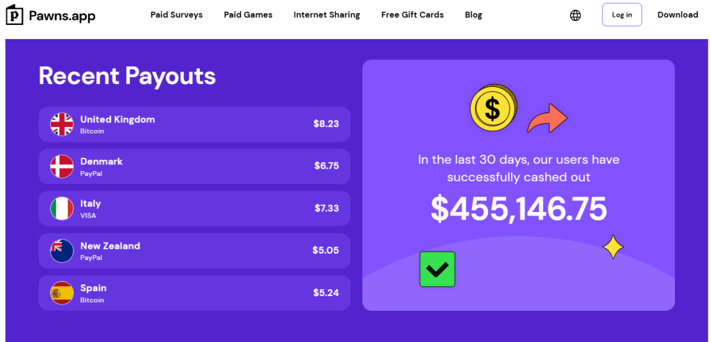 Pawns.app Earnings for users